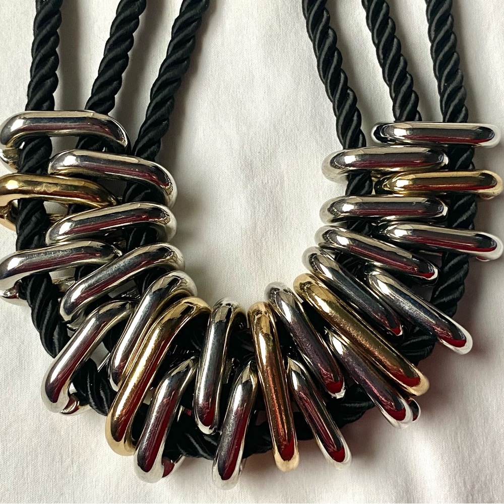 Statement Chunky Multi-Rope Strand Choker Necklace Silver and Gold Metal Rings